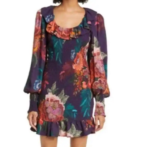FARM Rio Flower Scarves Long Sleeve Smocked Mini Dress